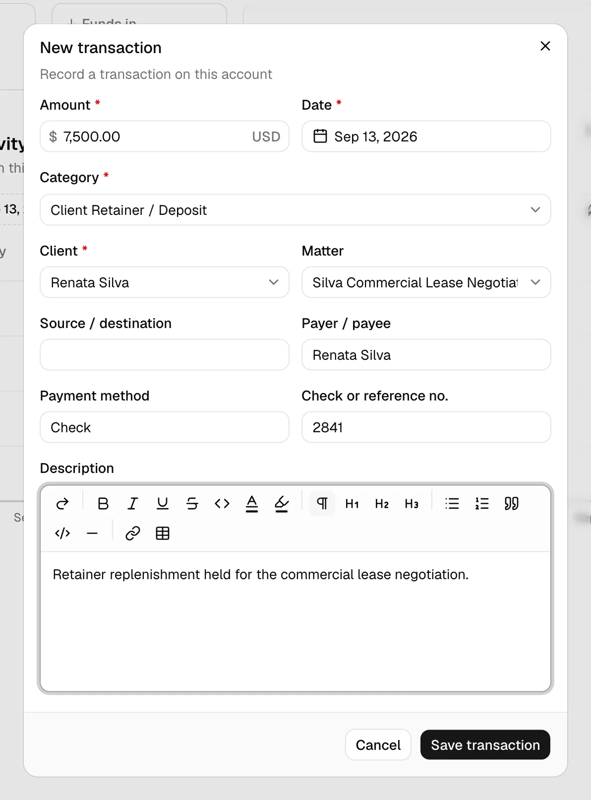 The New transaction dialog on a trust account, showing the Category dropdown expanded and the Client and Matter fields beneath the amount.