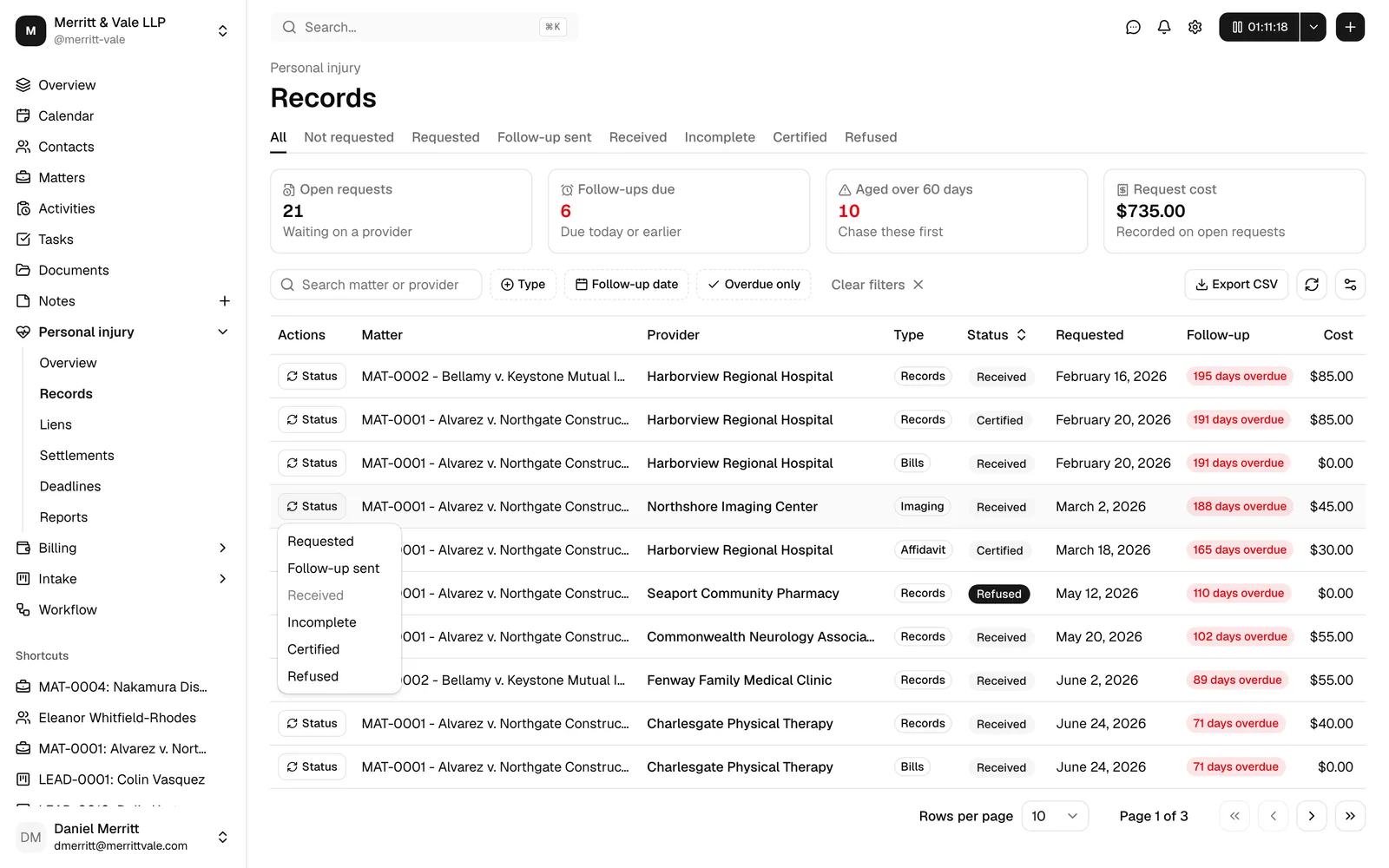 The records worklist with the Overdue only toggle on and a row's Status dropdown open.