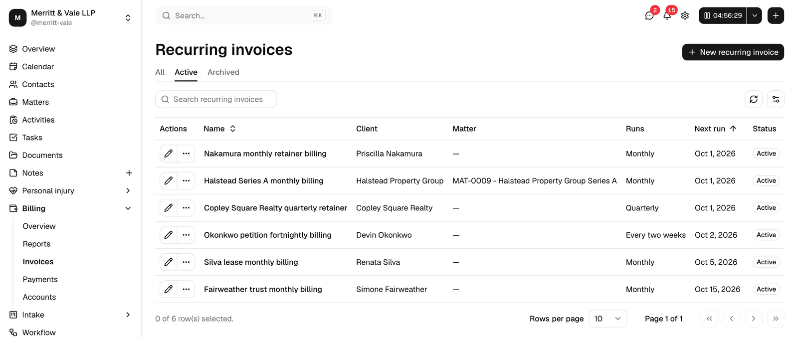 The Recurring invoices list showing several schedules with their cadence, next run date, and status badges.