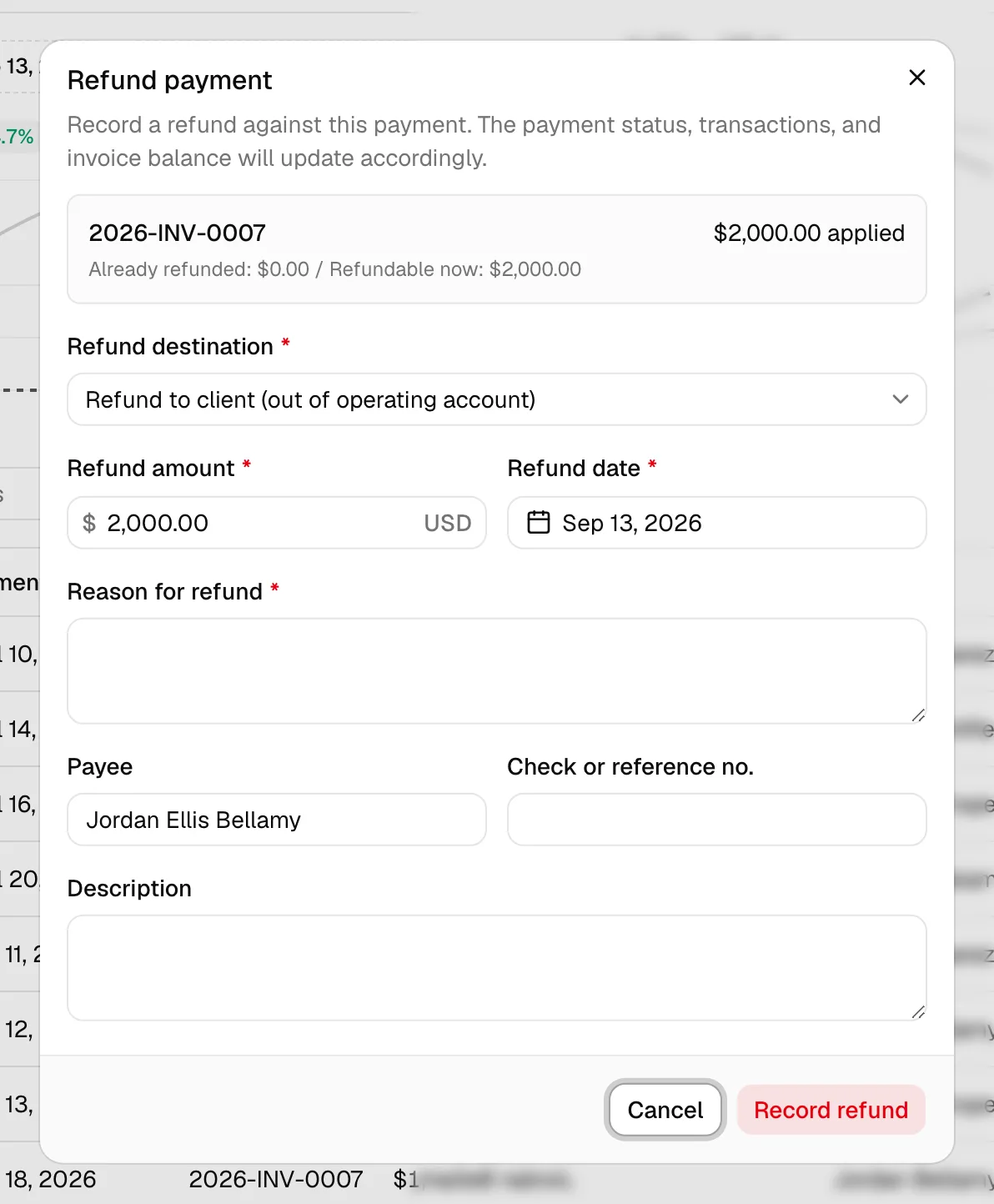 The Refund payment dialog showing the summary block (applied / already refunded / refundable now), the Refund destination picker, and the Refund amount
