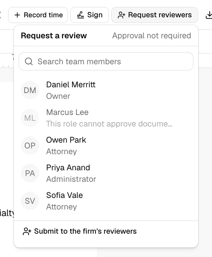 The Request reviewers button on a document opened to the Request a review list, with a greyed out member who cannot approve and Submit to the firm's reviewers
