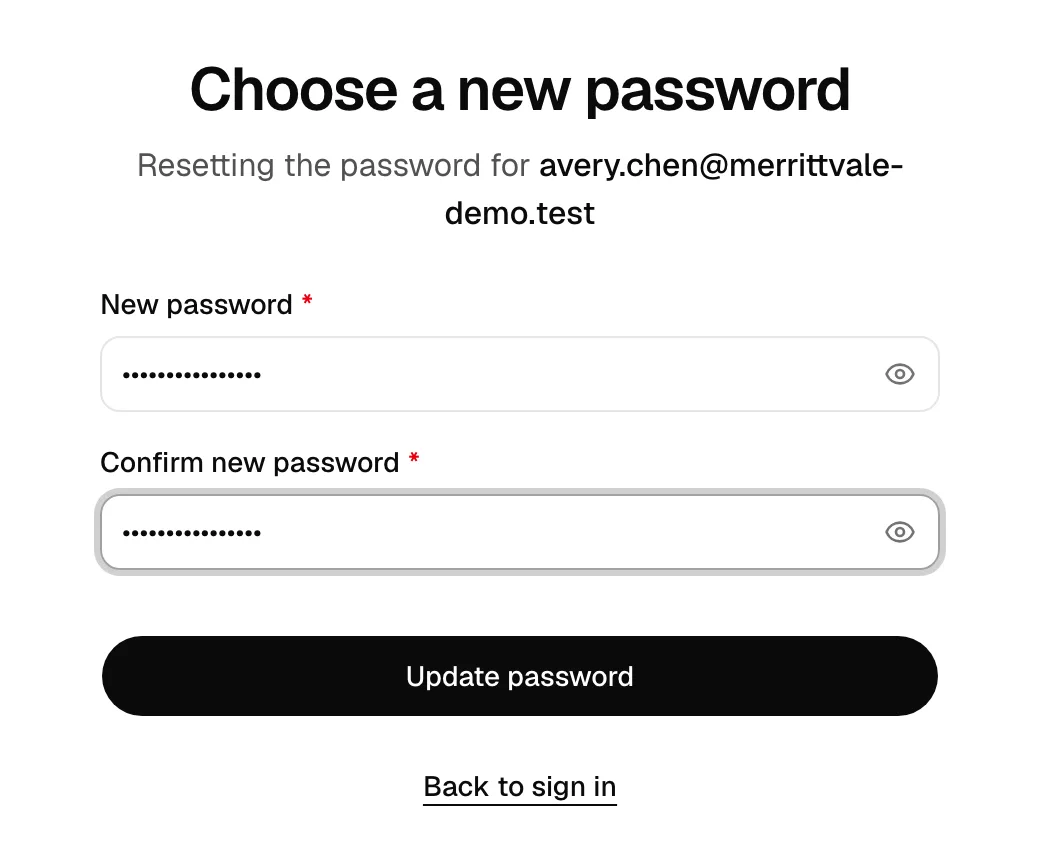 The Choose a new password screen with the New password and Confirm new password fields and the Update password button, showing the account email at the top.