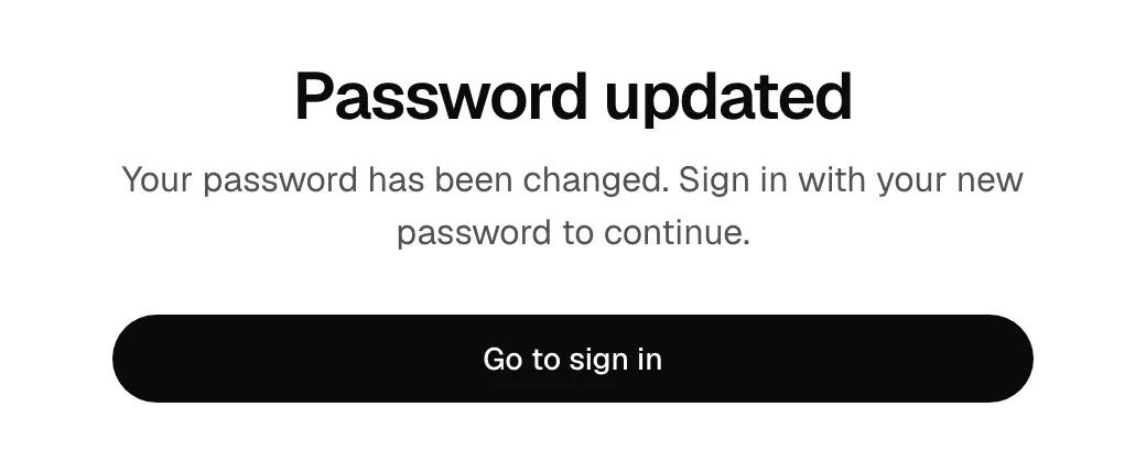 The Password updated success screen with the Go to sign in button.