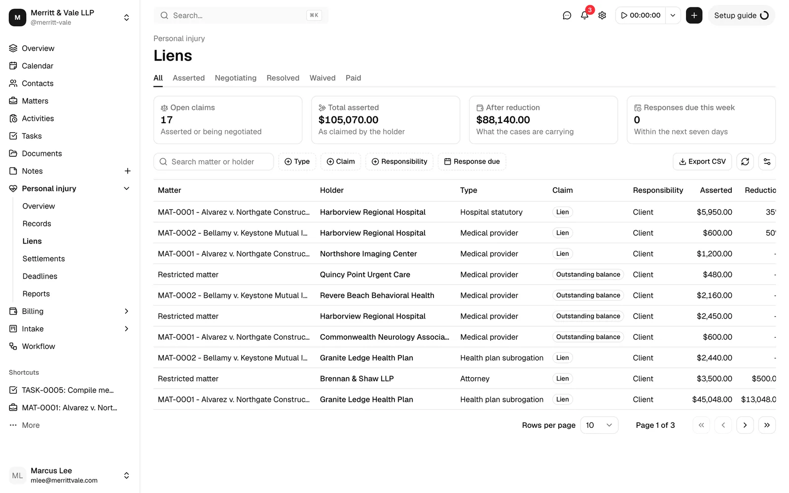 The liens register showing a mix of named matters and one row reading "Restricted matter" with no link.