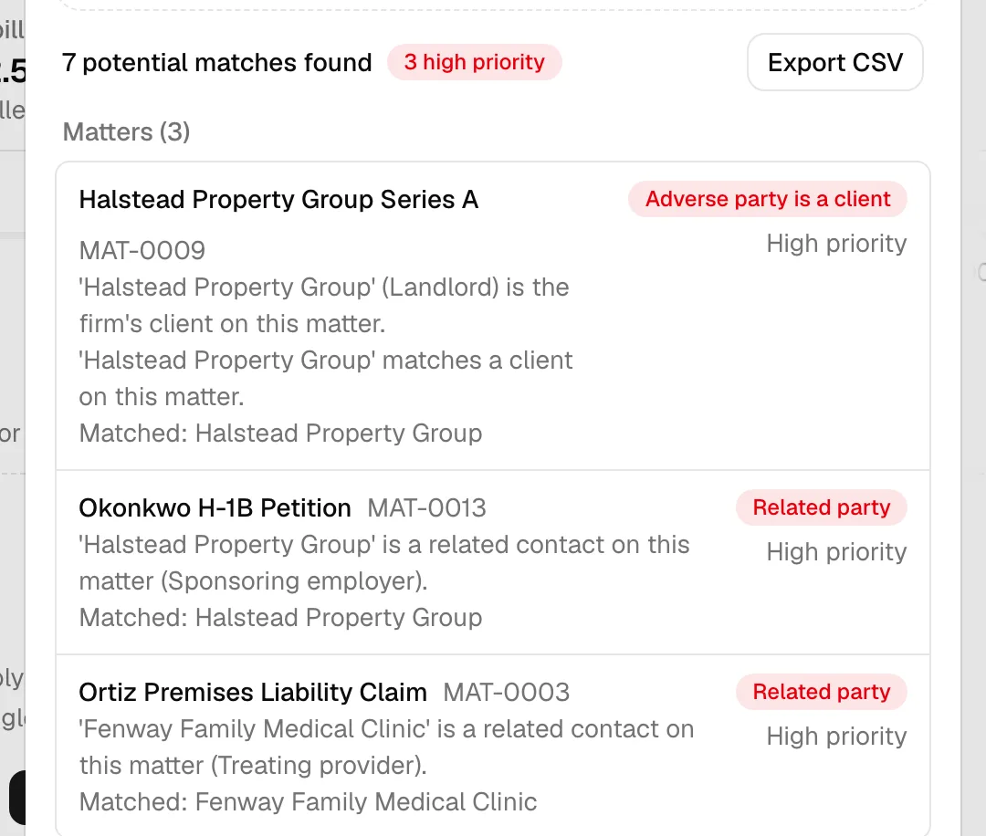 A results list showing the "potential matches found" summary with a red high-priority badge and the Export CSV button, a Matters group, and a row tagged