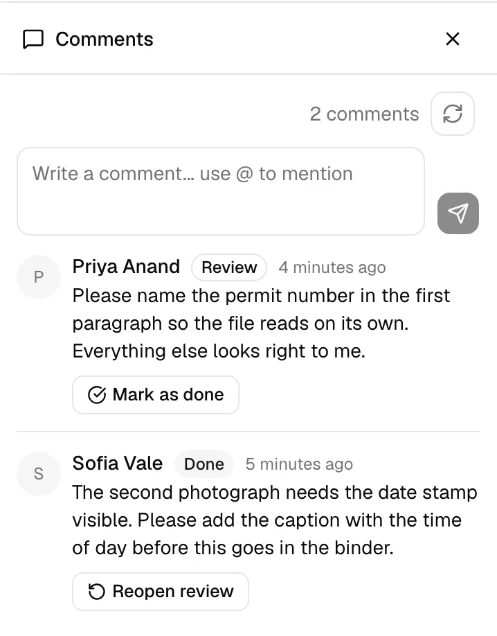 The Comments panel showing a comment with the amber "Review" chip and a Mark as done button beneath its text, above another comment already marked "Done".