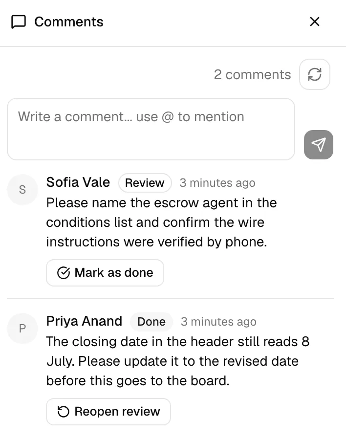 A document Comments panel showing a comment with the amber "Review" chip and a Mark as done button beneath its text, above a second comment showing the grey