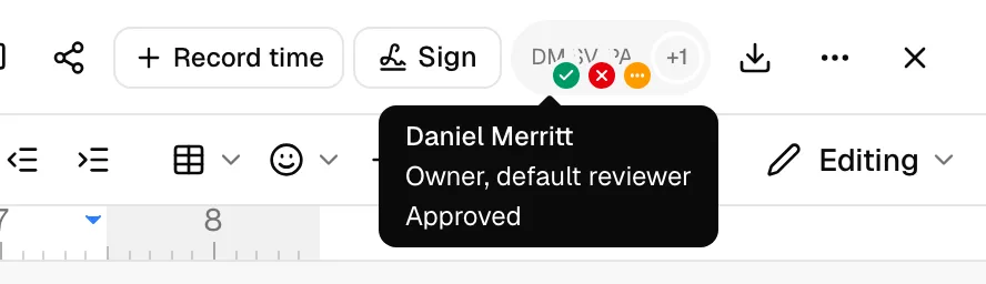 A reviewer avatar row with the green approved, red changes requested and amber changes addressed marks, a +1 chip, and a tooltip open on one reviewer