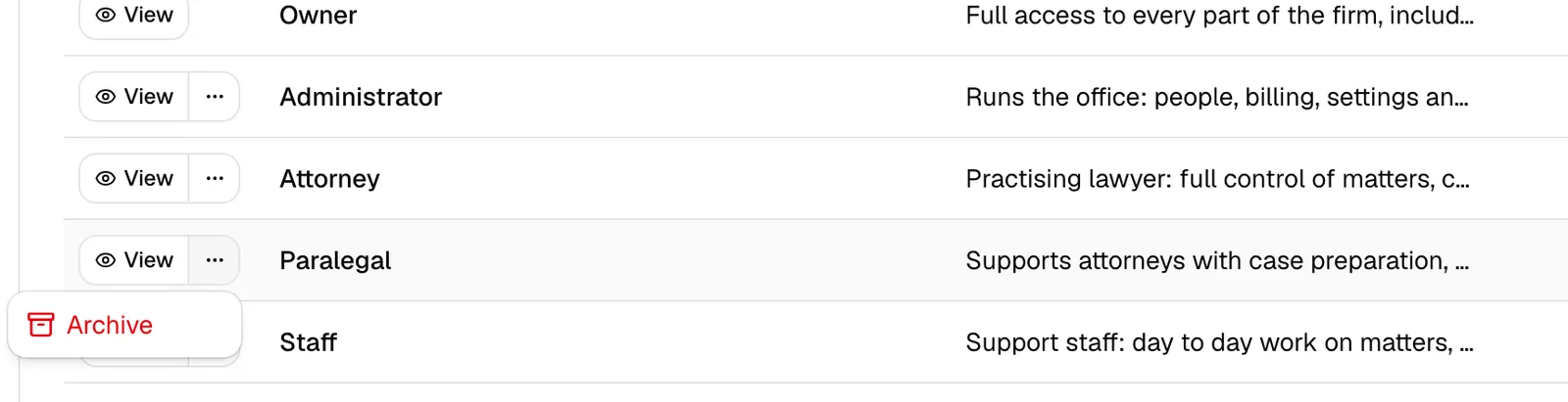 The three-dot More role actions menu on a role row, open to show the Archive option.