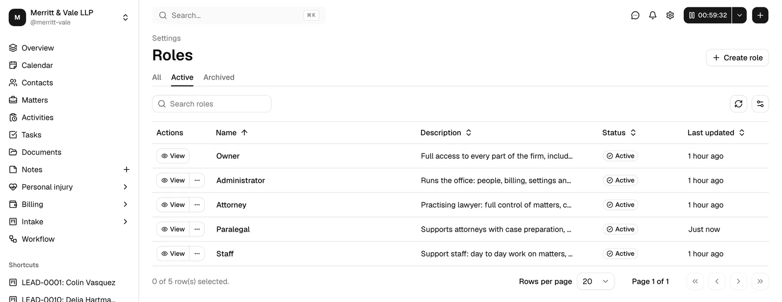 The Roles page showing the table with Name, Description, Status, and Last updated columns, the All / Active / Archived tabs, the Search roles box, and the