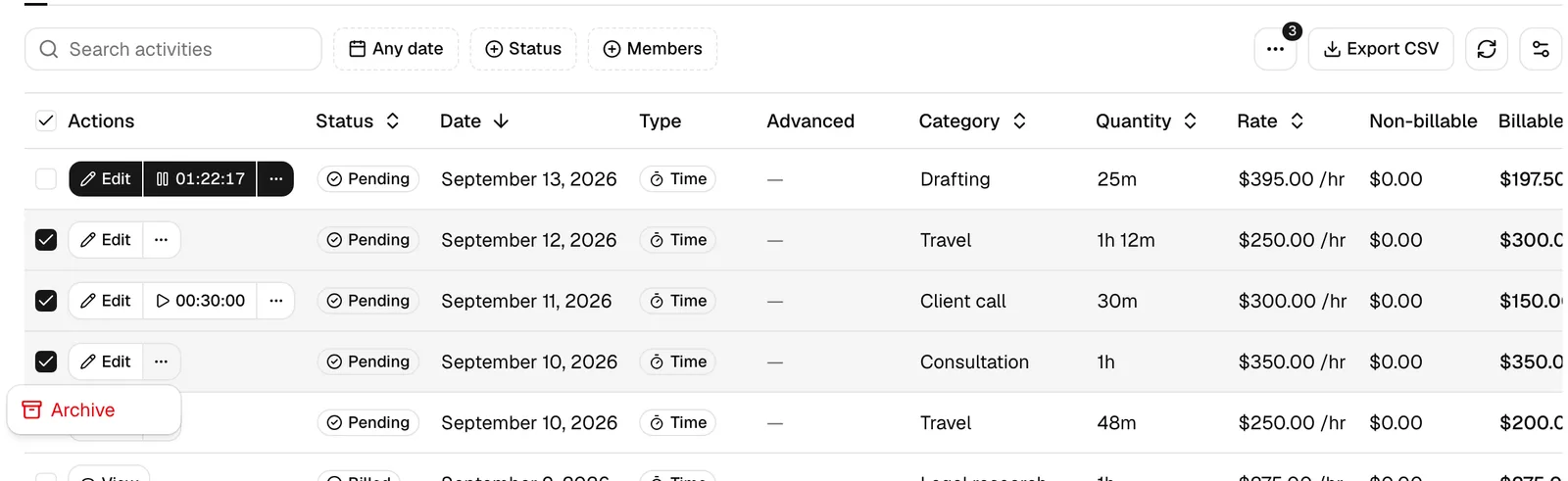 A table row's Actions column with the Edit button and the open More menu showing Archive, and a few rows selected with the batch action bar visible.