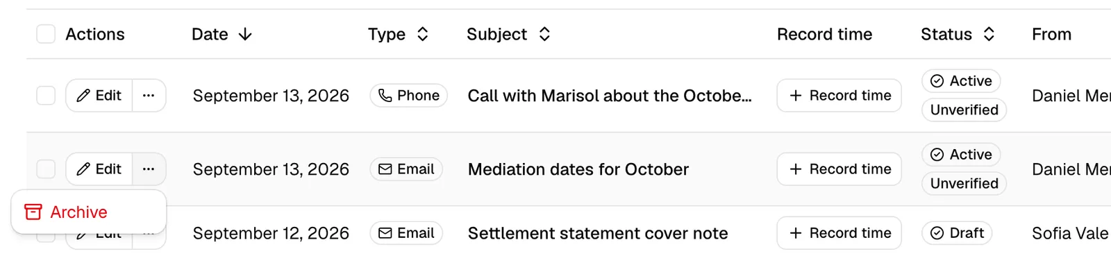 A row's More actions menu open, showing Archive (for an active log). Inset or second image: the Delete communication log? confirmation dialog.