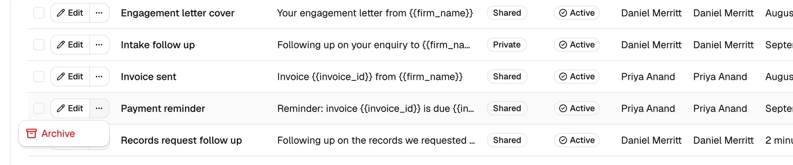 A template row's ... menu open, showing Archive (for an Active template) or Restore and Delete (for an Archived template).