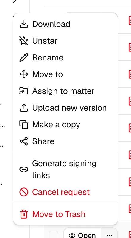 The row "..." menu open on a document awaiting signatures, showing the usual document actions above Copy signing links and the red Cancel request item.