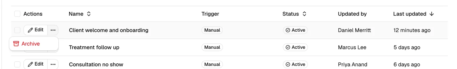 A workflow row with the ... menu open, showing the Archive option.