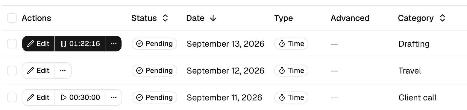 A time-entry row in the activities table with the running timer button (showing elapsed time and a pause icon) highlighted in the Actions column.
