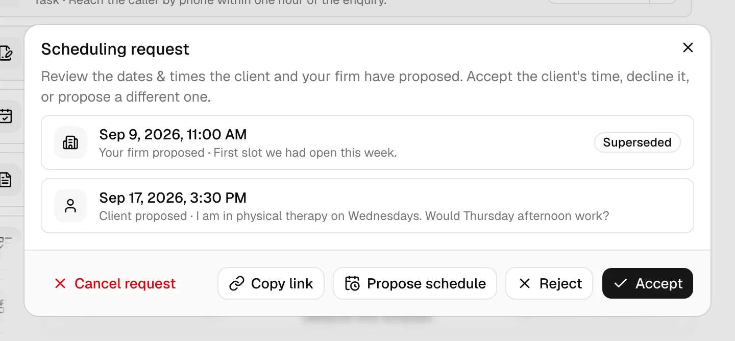 The Scheduling request dialog listing the client's and firm's proposed times, with the Reject, Accept, Propose schedule, and Copy link buttons.