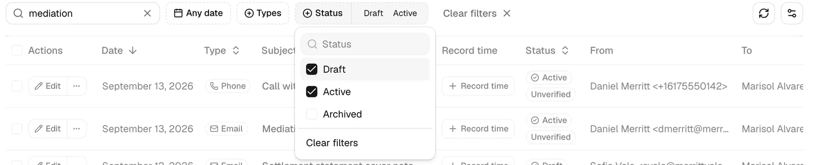 The communications toolbar with text in the Search communications box and the Type and Status filters open, plus the Clear filters button.