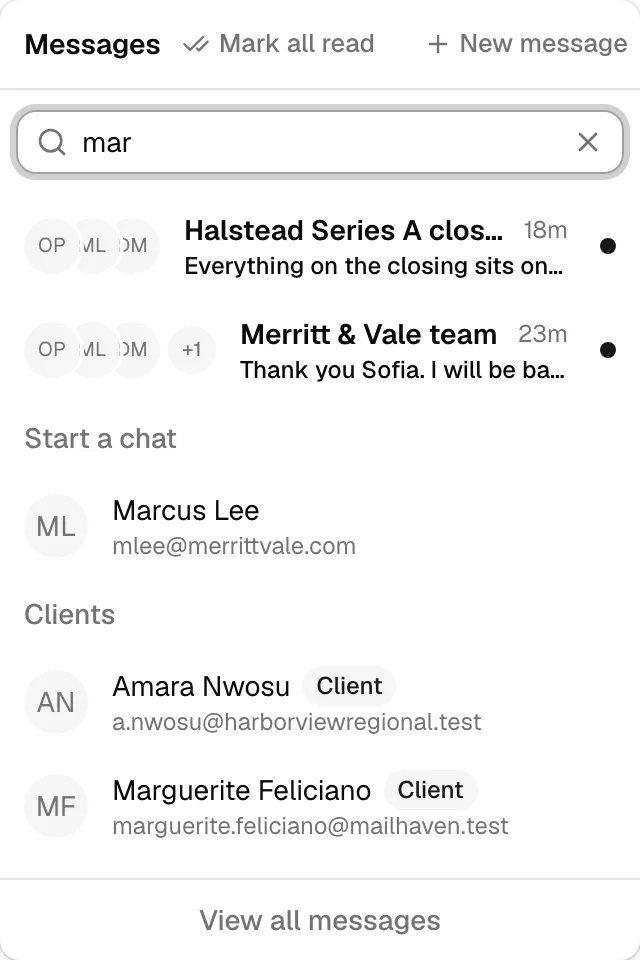 The Messages menu with text typed into the Search people box, a matching conversation at the top, matching teammates under the Start a chat heading, and