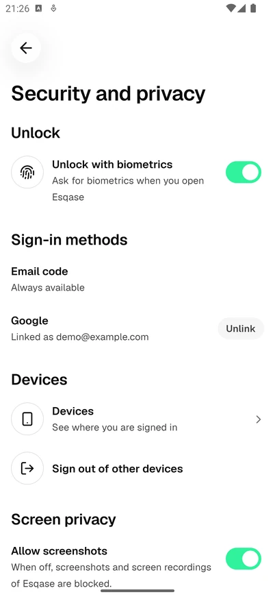 The Security and privacy screen in the Esqase Client app on Android, showing the Unlock with biometrics switch turned on, the Sign-in methods list and the Devices section.