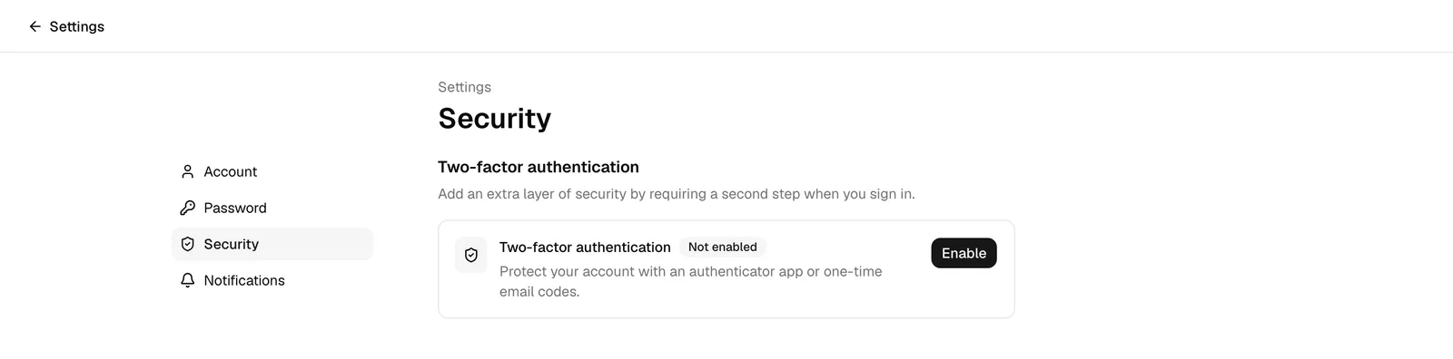 The Security page reached from the account navigation, showing the two-factor authentication status and the Enable button.