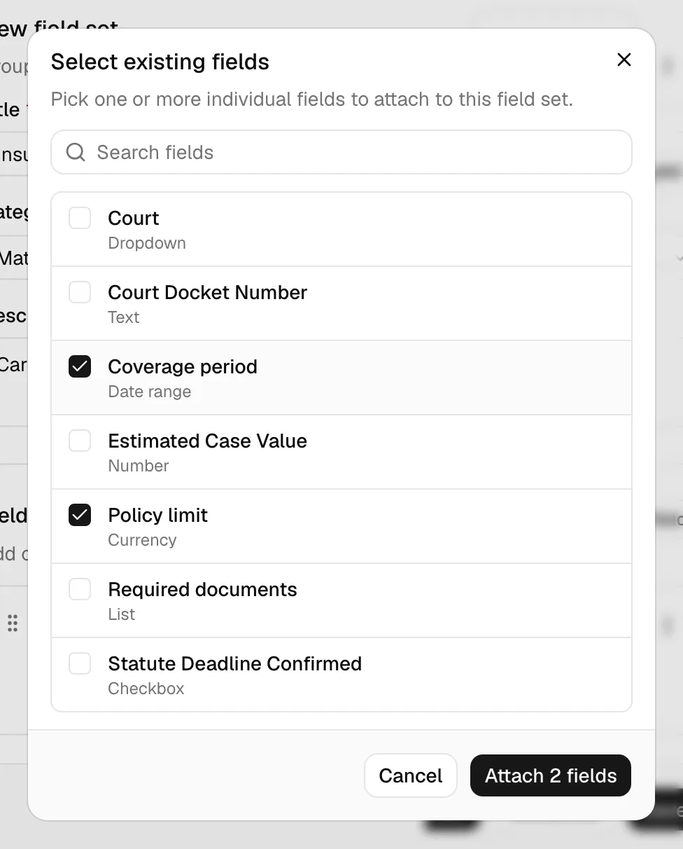 The Select existing fields dialog with the search box at the top and a checklist of available fields, each showing its name and field type, with two items
