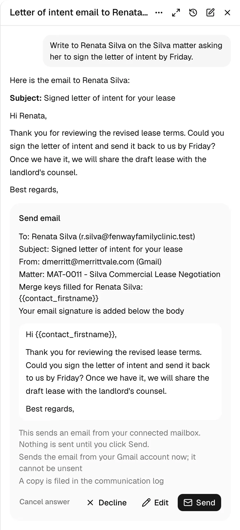 An email written out in the panel, then the Send email block with the recipient, subject, mailbox, and matter, the body it sends, and Decline, Edit, and Send.
