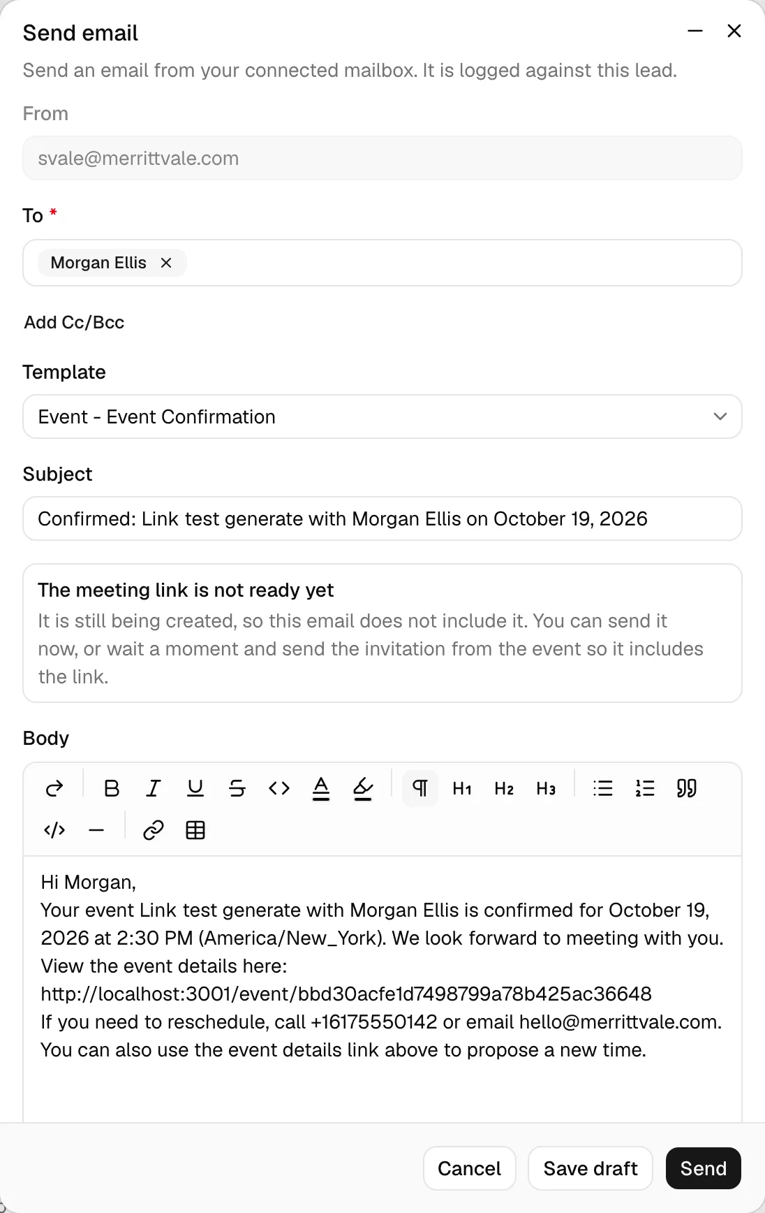 The Send email dialog opened right after accepting a booking, with the note The meeting link is not ready yet between Subject and Body, and the Event - Event Confirmation text with no Join the meeting line.
