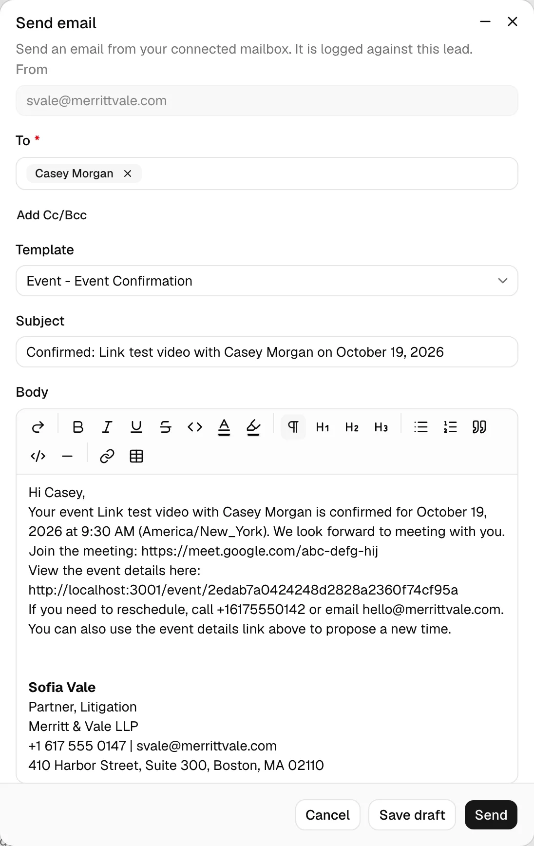 The Send email dialog opened from a lead's Event step with the Event - Event Confirmation template, its Join the meeting line already filled with the meeting's Google Meet link above the event details link.