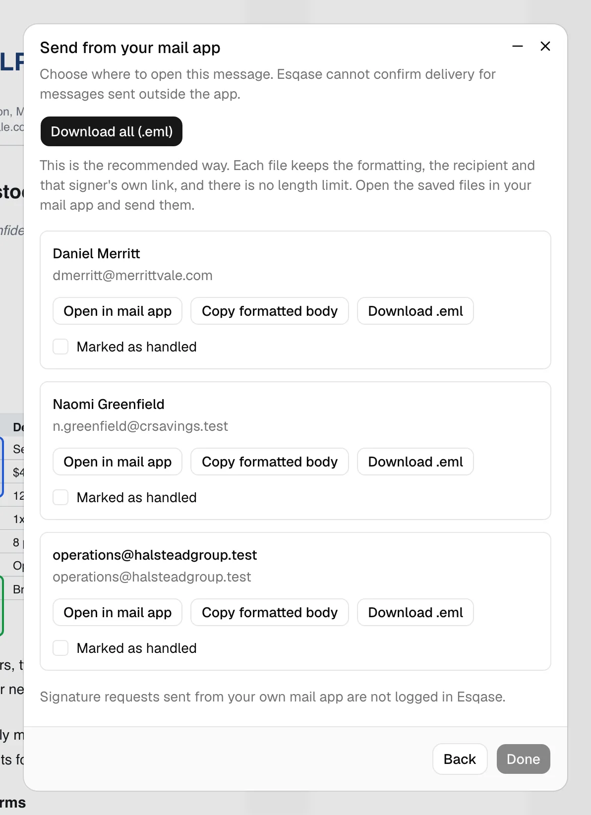 The Send from your mail app step listing three signers, with the Download all (.eml) button above them and one row's Open in mail app, Copy formatted body
