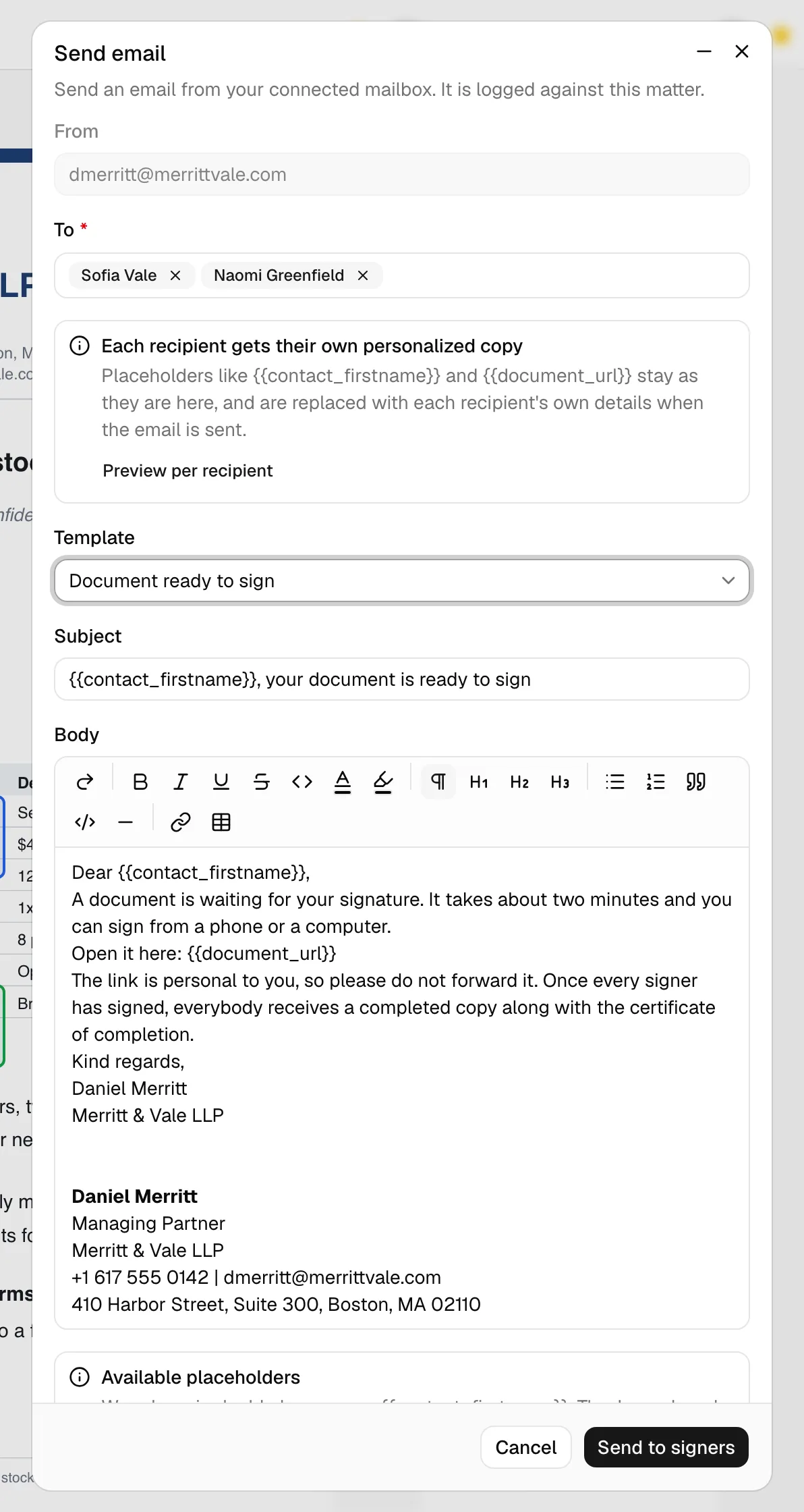 The Send email composer opened from Send to signers with two recipients, showing the info note about placeholders and the Preview per recipient link.