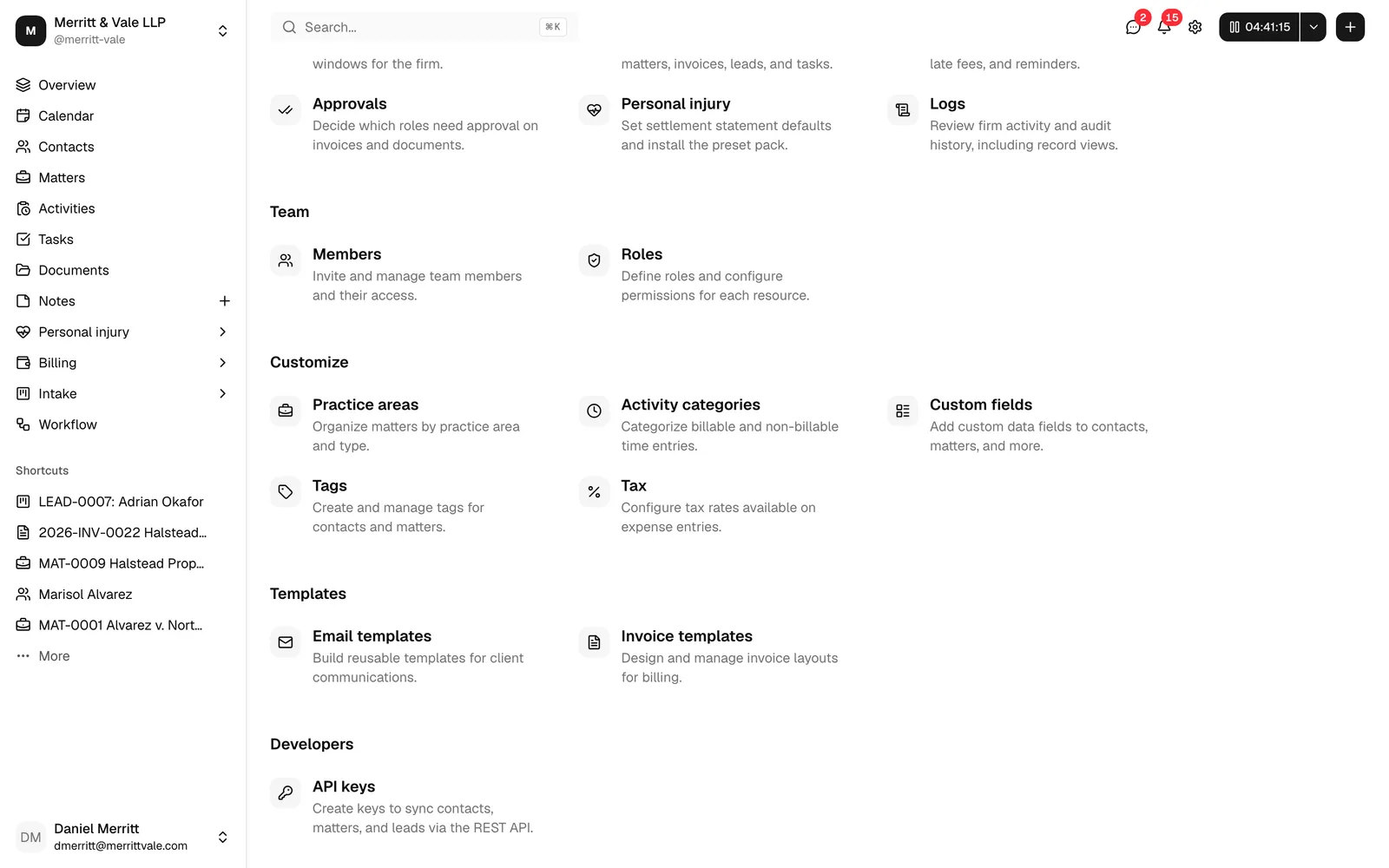 The Settings hub with the new Developers group and its API keys card, described as "Create keys to sync contacts, matters, and leads via the REST API."