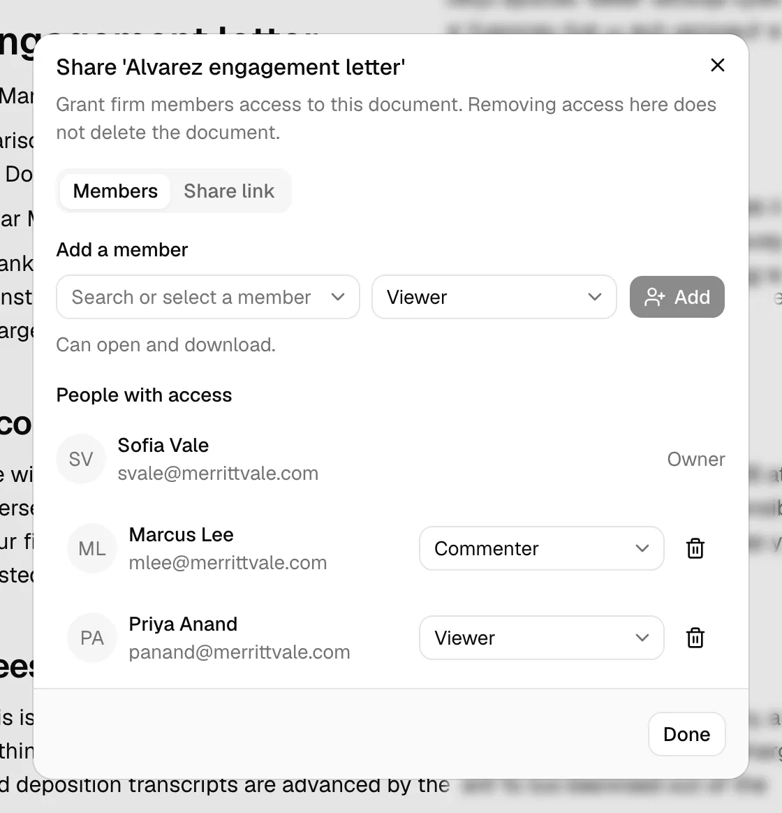 The Share dialog open on the Members tab, with the document name in the title and the Members and Share link tabs visible at the top.