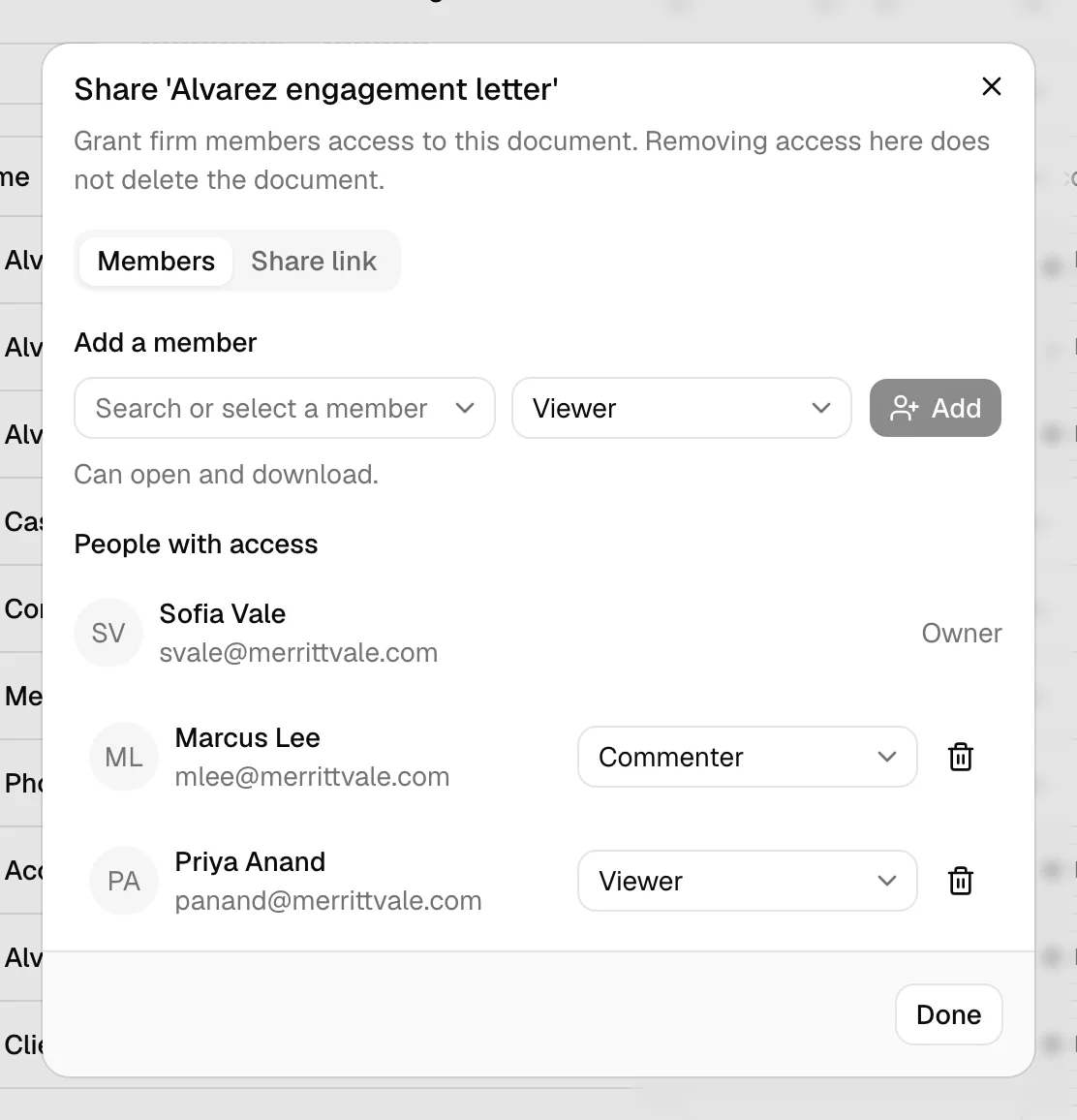 The Share dialog on the Members tab, showing the Add a member row (member picker plus access-level picker) and the People with access list with per-person