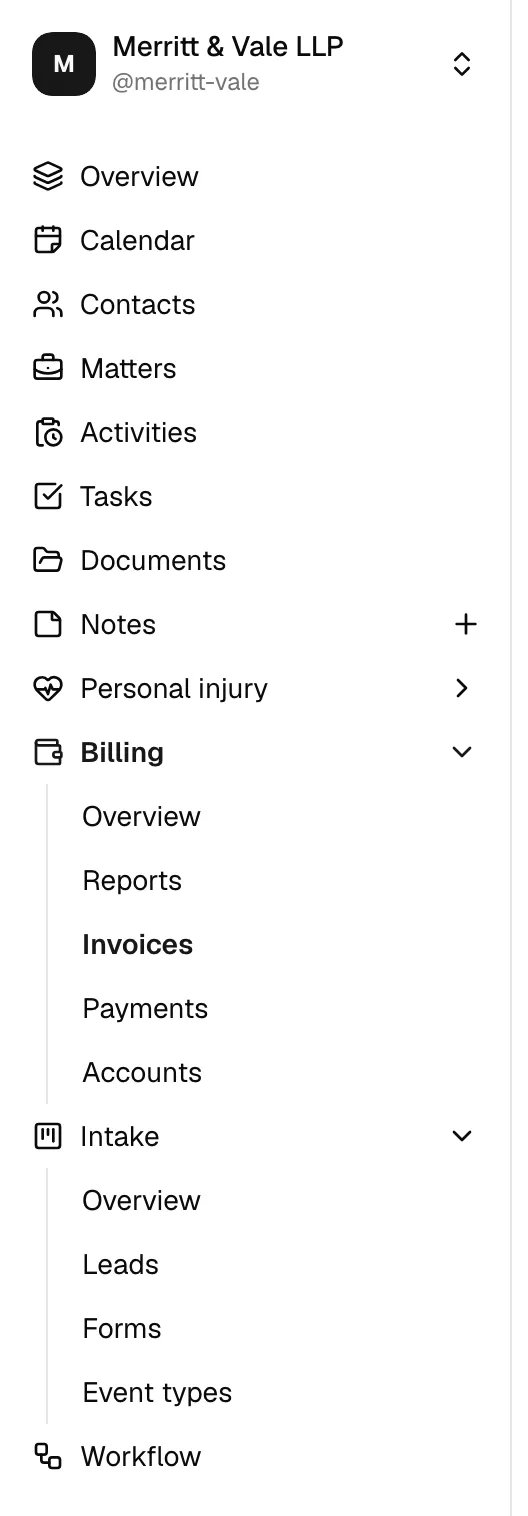 The sidebar with the Billing and Intake groups expanded to show their sub-links, with the active page highlighted.