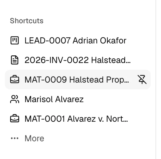 The Shortcuts group in the sidebar showing a couple of pinned records at the top followed by recently-viewed ones, with the pin/unpin icon visible on hover.