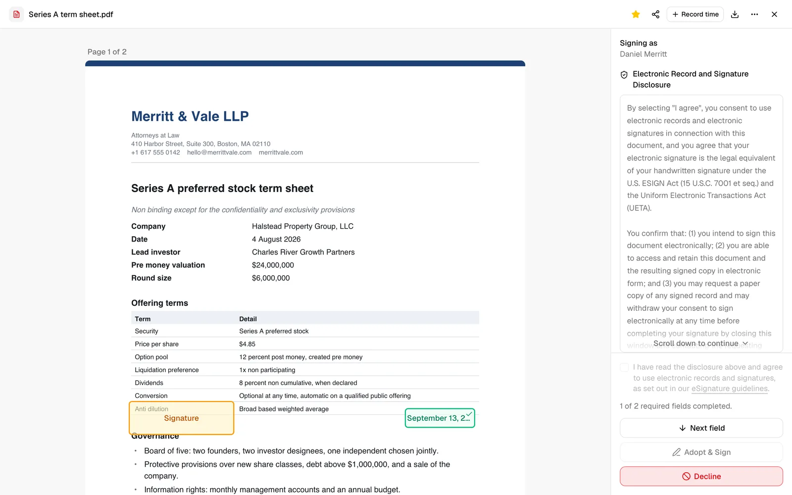 The in-app signing view, with the document on the left showing highlighted fields and the side panel on the right showing Signing as, the consent disclosure