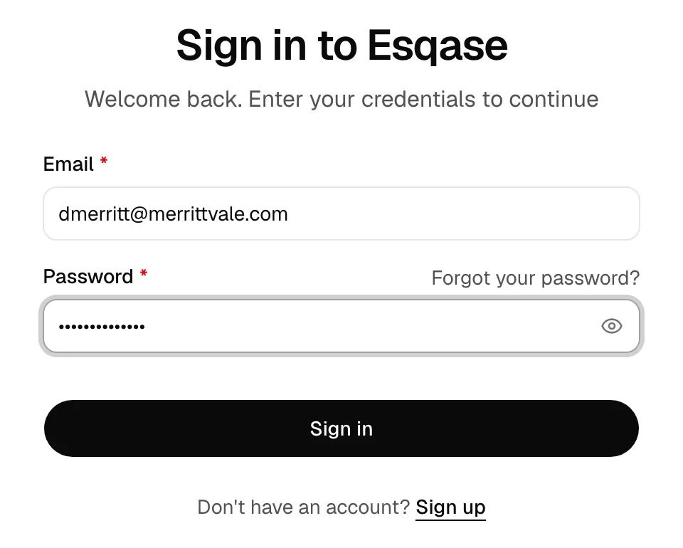 The "Sign in to Esqase" page with Email and Password fields and the Sign in button, plus the "Forgot your password?" link above the password field.