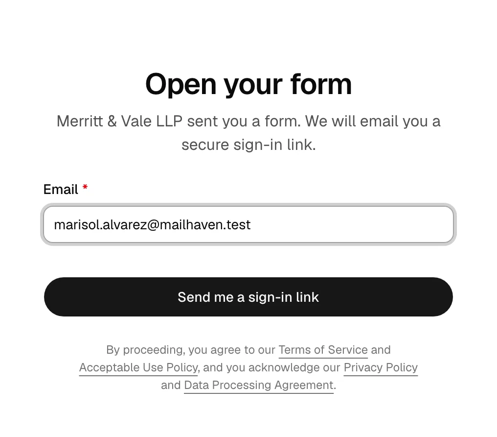 The Open your form sign-in gate with the email field and the Email me a sign-in link button.