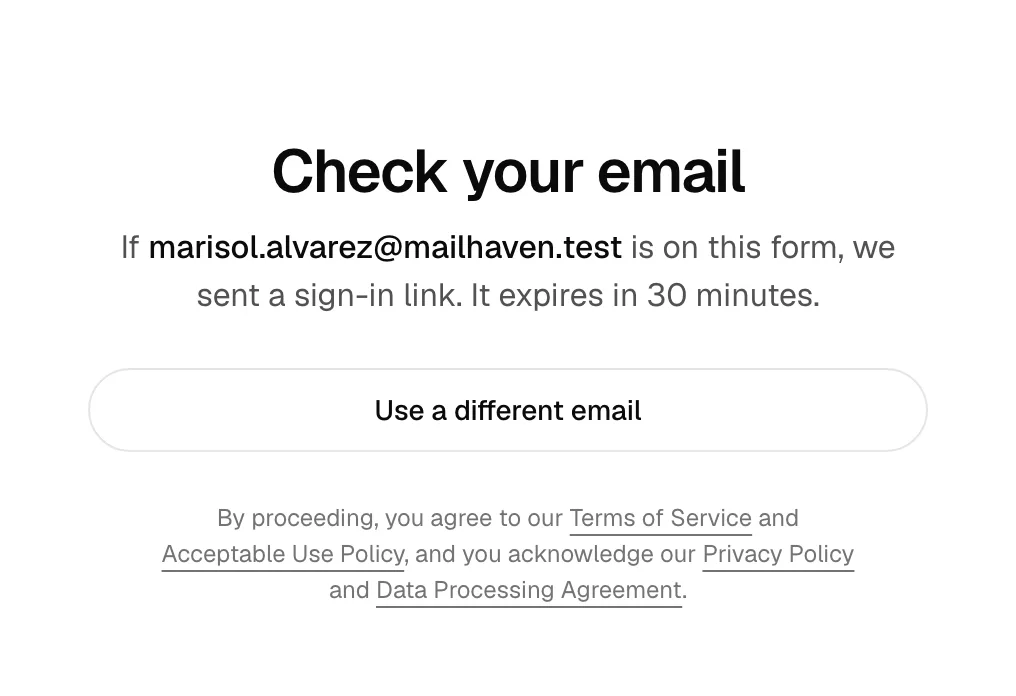 The Check your email confirmation after the client requests a sign-in link, showing the Use a different email button.