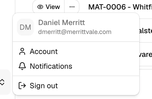 The user account menu open in the sidebar, showing your name, email, the Account item, and the Sign out item highlighted.