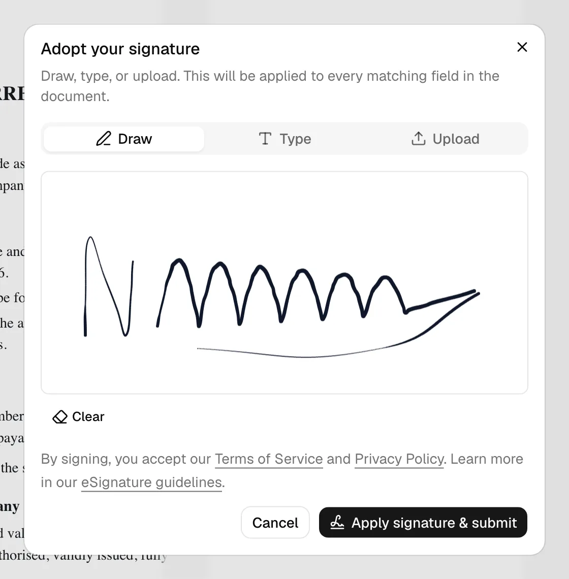The "Adopt your signature" window open on the Draw tab, with the Draw / Type / Upload tabs and the Apply signature & submit button highlighted.