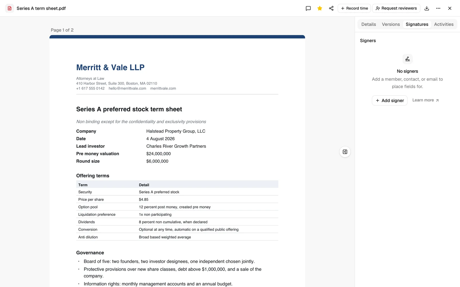 The full-screen PDF page with the right-hand sidebar set to the Signatures tab, before any signers are added. Highlight the Signatures tab and the "No signers"