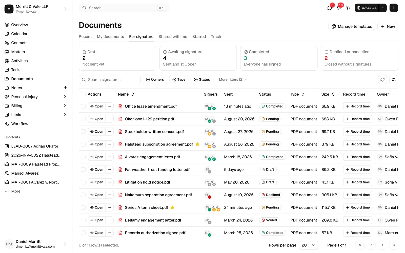 The For signature tab with its stat cards below the tab strip, the Status filter in the table toolbar, the search box, and the table of documents below.