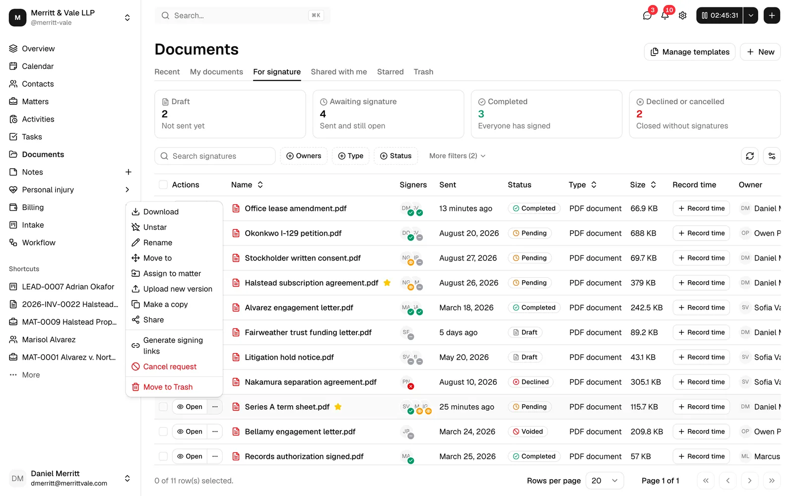 The For signature tab with its stat cards, the Status filter in the table toolbar, the signing badges beside the document names, and a row's More actions menu