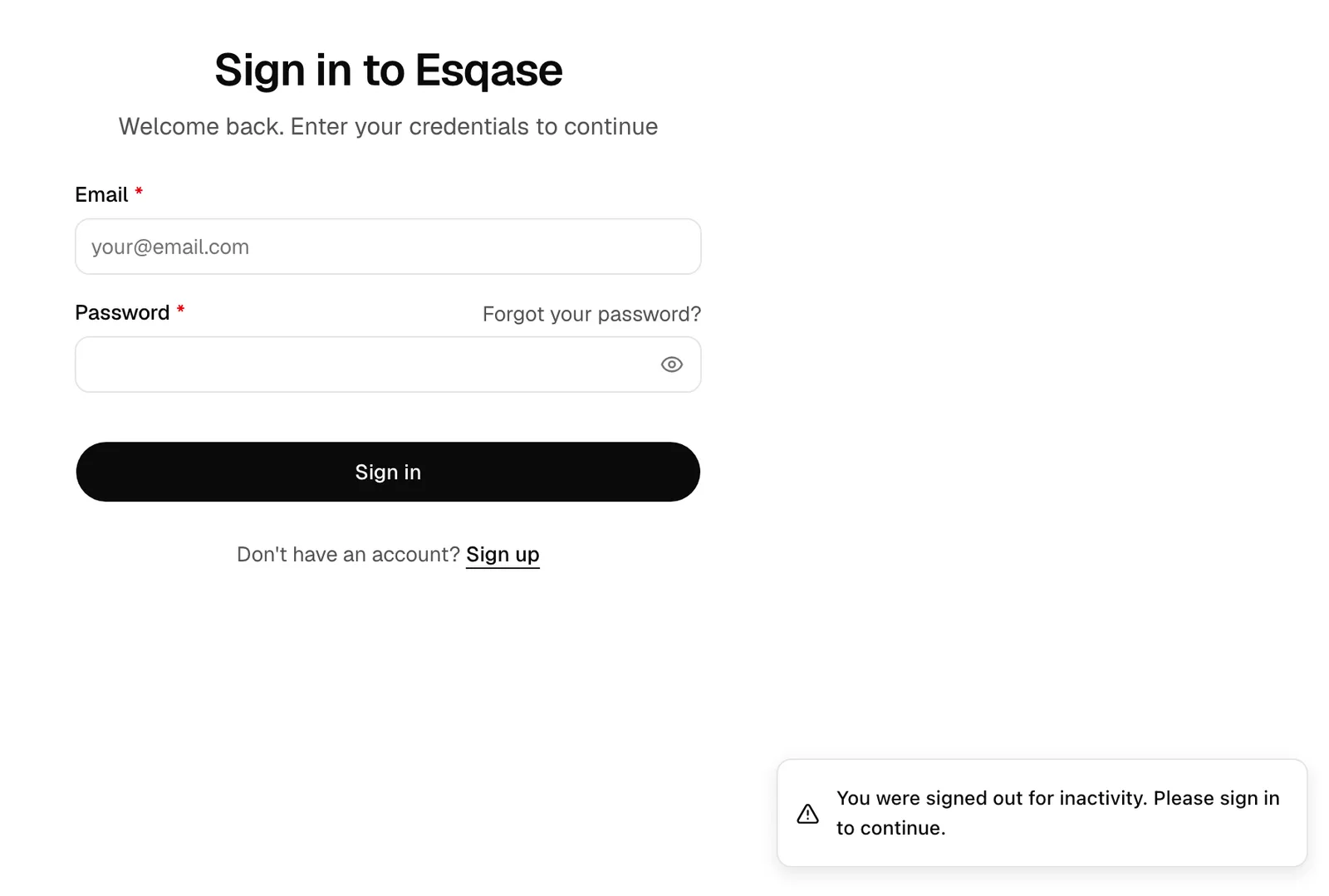 The sign-in page with the "You were signed out for inactivity. Please sign in to continue." notification visible above the form.