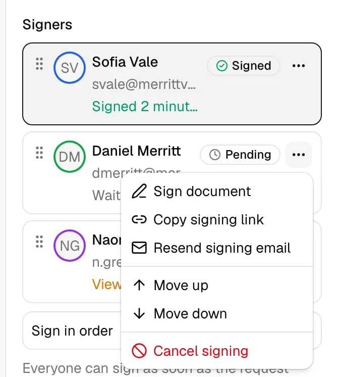 The Signers list with rows showing Signed and Pending badges, and one row's actions menu open on Sign document, Copy signing link, and Cancel signing.