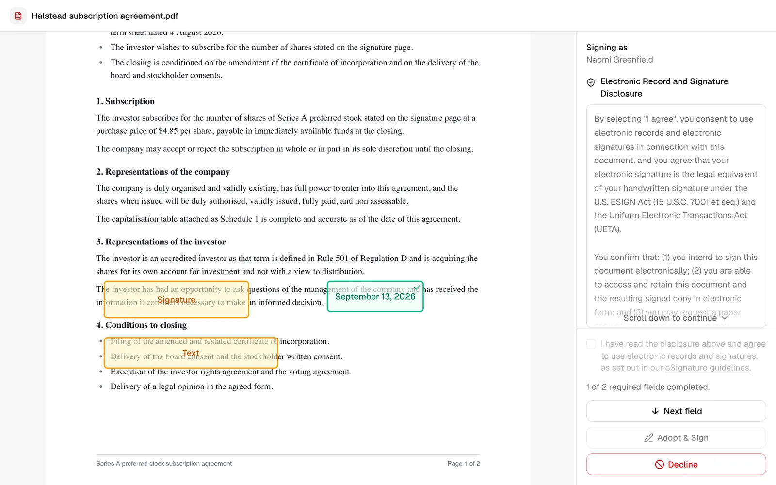 The signing page on a desktop browser, showing the document on the left and the signing panel on the right with the Adopt & Sign button. Highlight the document