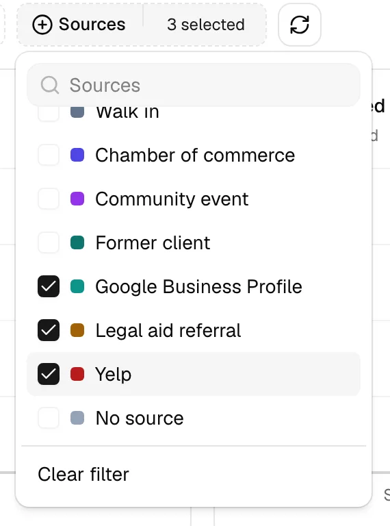 The Sources filter open with two or three sources checked, showing the color swatches and the Clear filter action at the bottom.
