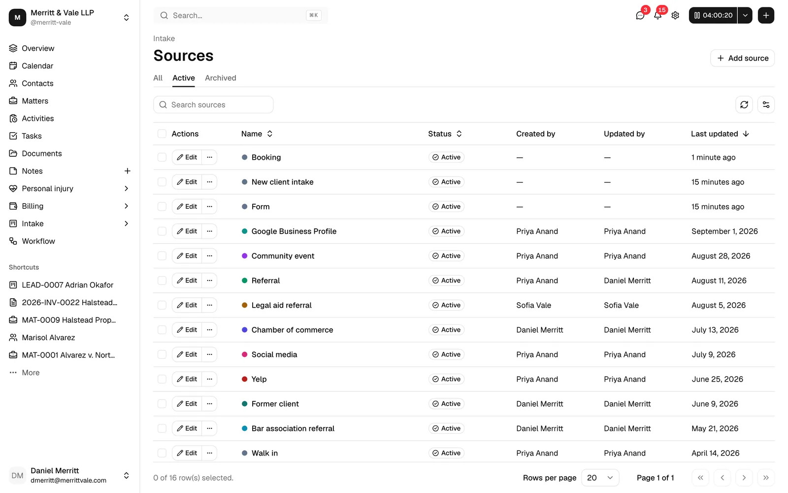 The Sources page with the table populated, showing the Name (with colored dots), Status, Created by, Updated by, and Last updated columns, plus the All /